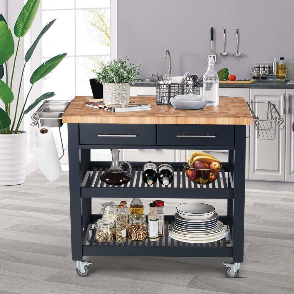 Midnight Navy Rubberwood Kitchen Cart with Butcher Block Top