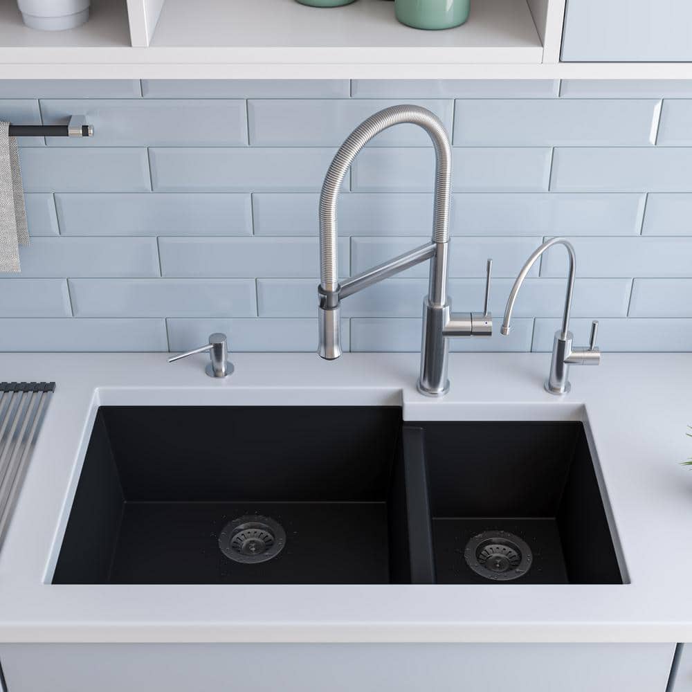 34'' Black Granite Double Bowl Undermount Kitchen Sink