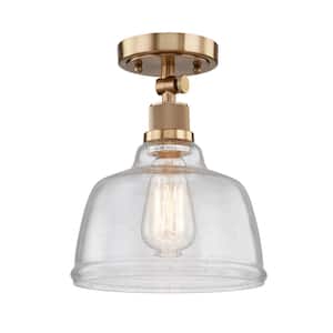 Nantes 9 in. 1-Light Ceiling Satin Gold with Clear Seedy Glass Flush Mount