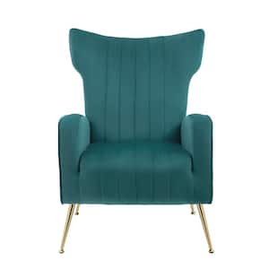 Modern Peacock Blue Wide armreat Velvet upholstered Fabric Accent Armchair with Metal Legs