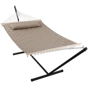 Double Hammock with Stand 12 ft. Heavy-Duty Hammock with Stand for Outdoors Indoors 450 lbs. Weight Capacity, Pale Brown