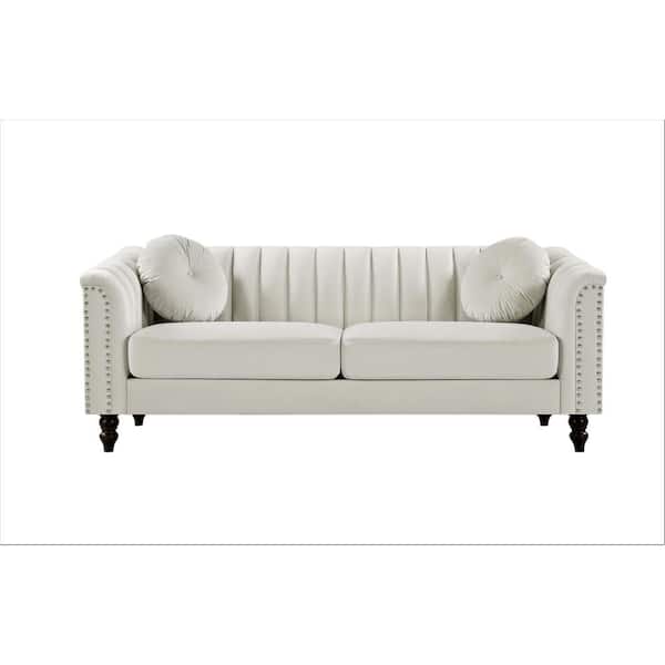 US Pride Furniture Hills 75.2 in. Rolled Arm Velvet Straight 3-Seater Sofa in Ivory