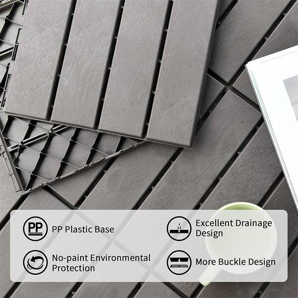 cadeninc 12 in. x 12 in. Dark Gray Square 4 Slat Plastic Outdoor Flooring Tiles All Weather (Set of 44 Tiles)