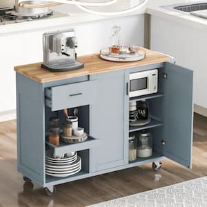 Grey Blue Rubber wood Kitchen Cart with Towel Rack and Drawer