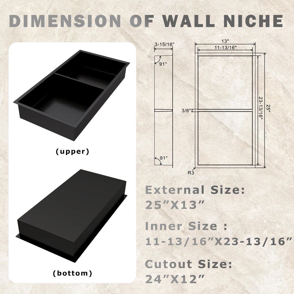Matte Black Stainless Steel Double Shelf Recessed Shower Niche