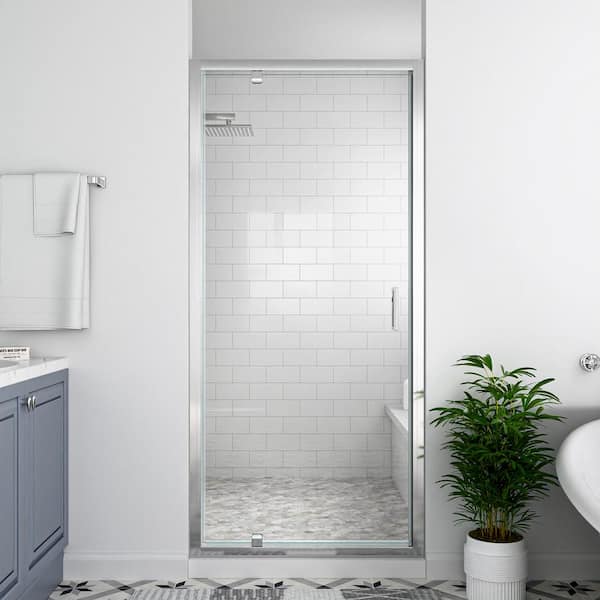 mortix 32 in. W x 72 in. H Pivot Framed Swing Shower Door in Single Panel in Chrome Finish with 1/4 in. Clear Tempered Glass
