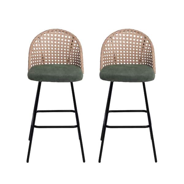 40.55 in. H Woven Wicker Low Back Metal Bar Stool with Green Chenille Fabric Seat Cushion(set of 2)
