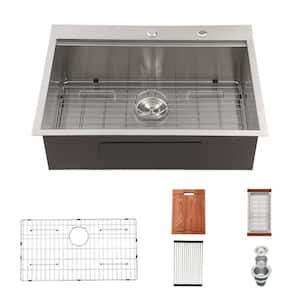 16-Gauge Stainless Steel 28 in. Single Bowl Drop-In Workstation Kitchen Sink Basin with Bottom Grid