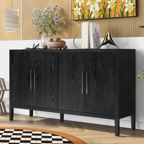 Harper & Bright Designs Black Wood 60 in. Sideboard with Metal Handles and Adjustable Shelves