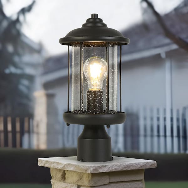 1-Light Black Metal Modern Outdoor Weather Resistant Pier Mount Light Post Lantern with LED