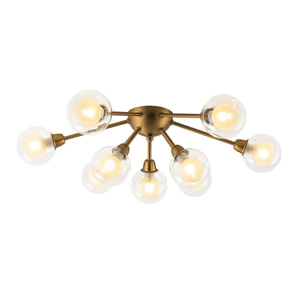 HUOKU Luna 9-Light 27.6 in. W Sputnik Ceiling Light Modern Brass Semi Flush Mount Chandelier with 2-layer Glass Shade