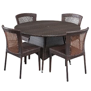Ernesto Multi-Brown 5-Piece Faux Rattan Round Outdoor Dining Set with Stacking Chairs