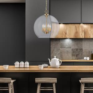 4-Light Aged Brass Pendant with Clear Glass Shade