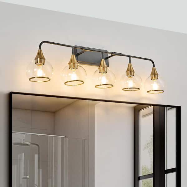 Lasaideal 40 in. 5-Light Black and Gold Bathroom Vanity Light Fixture with Clear Glass Shades, No Bulbs Included
