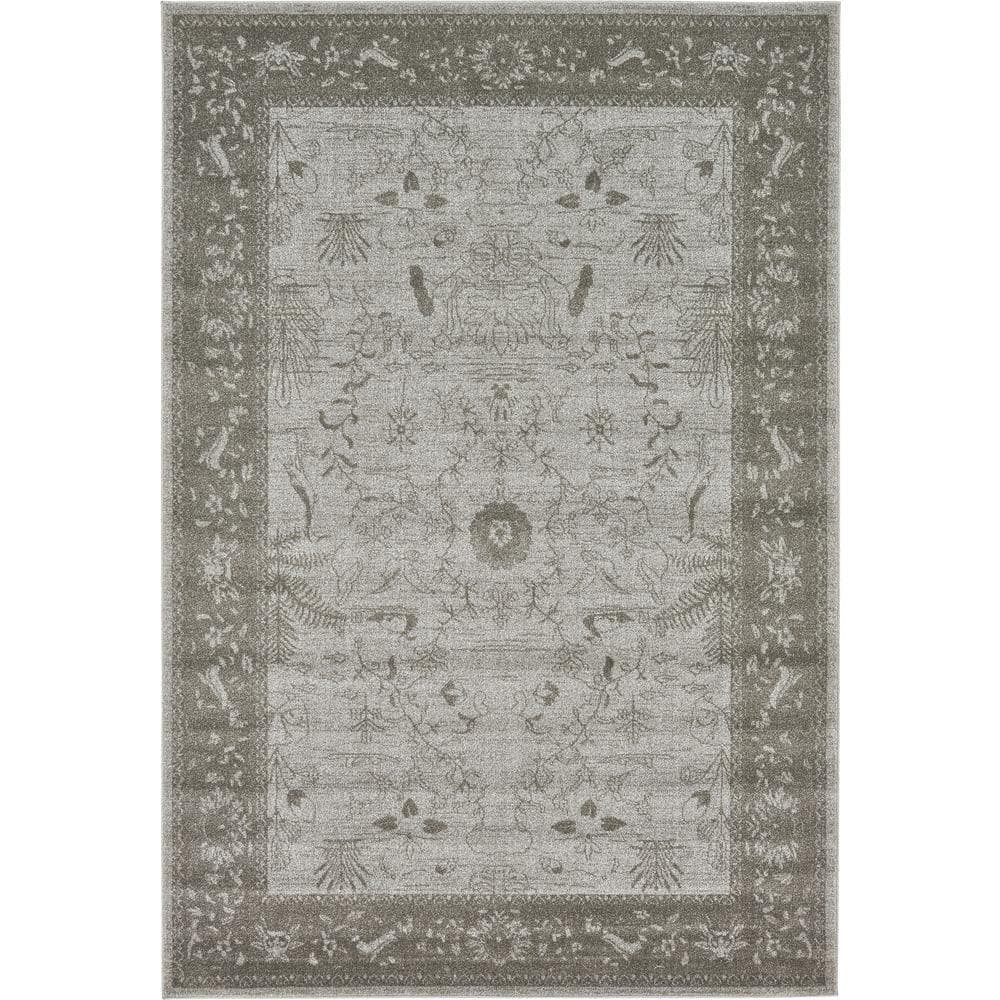 Light Gray Floral Synthetic Easy Care Stain-Resistant Rug 6' x 9'