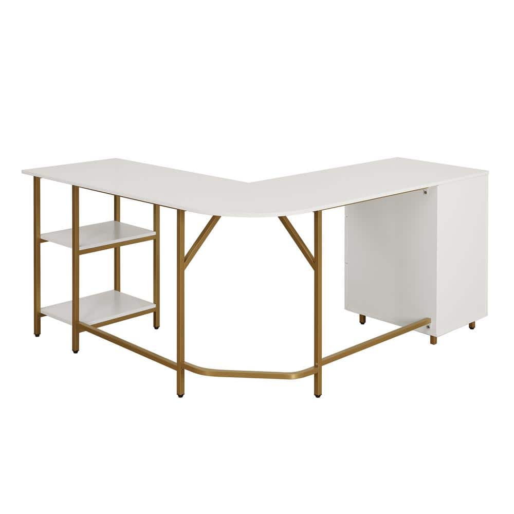 Gold and White L-Shaped Computer Desk with Drawers