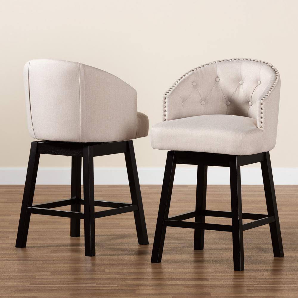 Light Beige Fabric and Wood Swivel Counter Stool Set