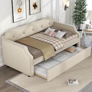 Elegant Beige Wood Frame Twin Size Upholstered Daybed with Trundle, Notched Arms and Nailhead Trim
