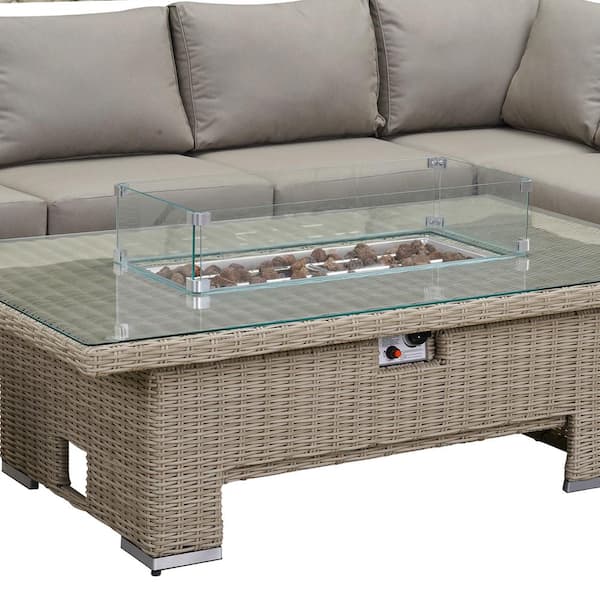SUNVIVI Wicker Patio Conversation Set with Fire Pit and Light Gray Cushions
