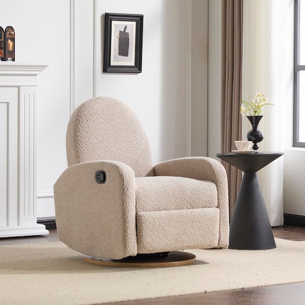 Xorath Modern Almond Boucle Fabric Upholstered Solid Wood Glider Recliner Accent Arm Chair, 360° Swivel