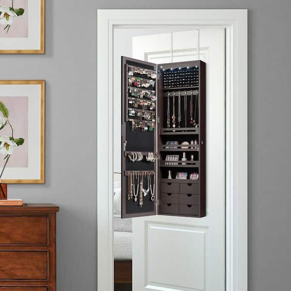 47.5 in. H x 14.5 in. W x 4.5 in. D Lockable Wall Door Mounted Jewelry Cabinet LED Mirror Brown
