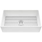 Matte Stone White Composite 33 in. Single Bowl Flat Farmhouse Apron-Front Kitchen Sink with Strainer and Silicone Grid