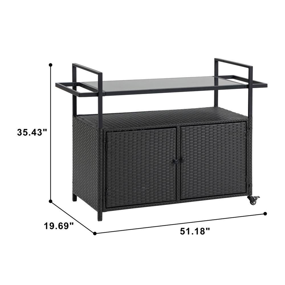 Measurement diagram of the wicker bar cart showing its dimensions.