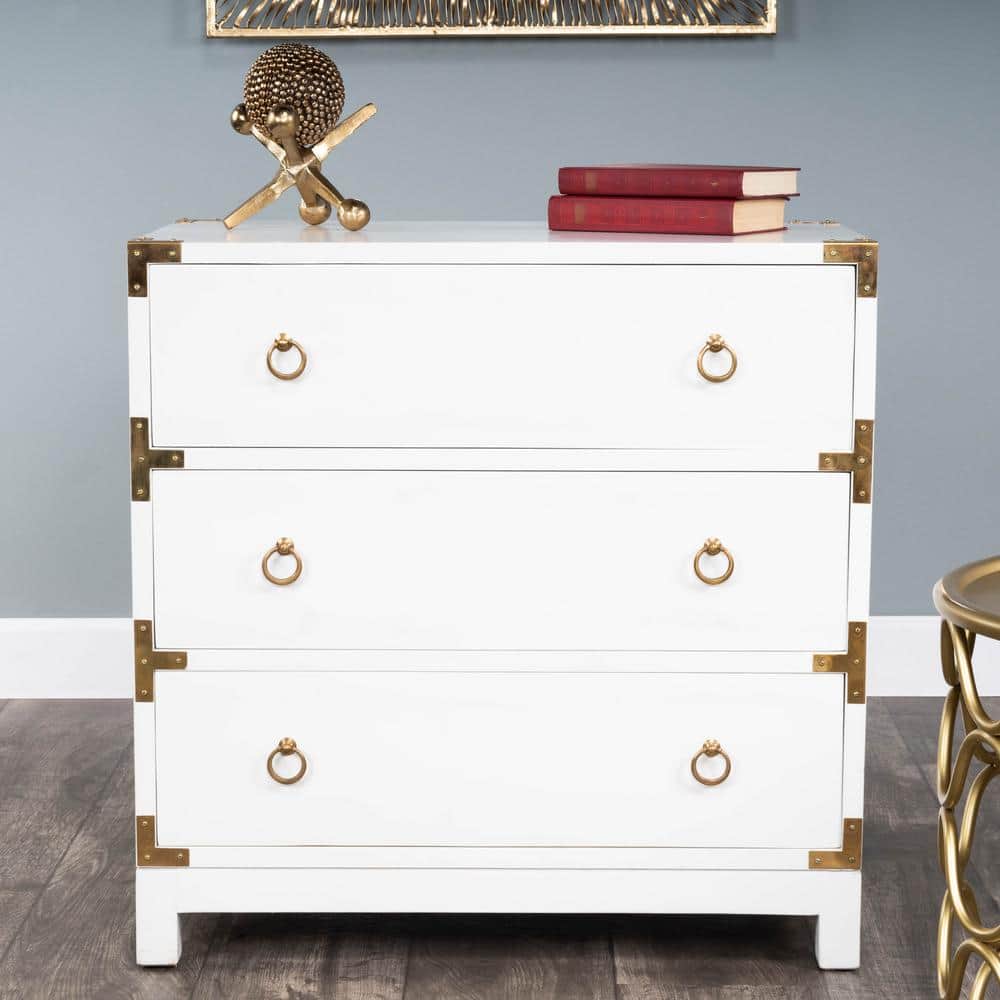 Forster Glossy White 3-Drawer Accent Chest with Steel Accents