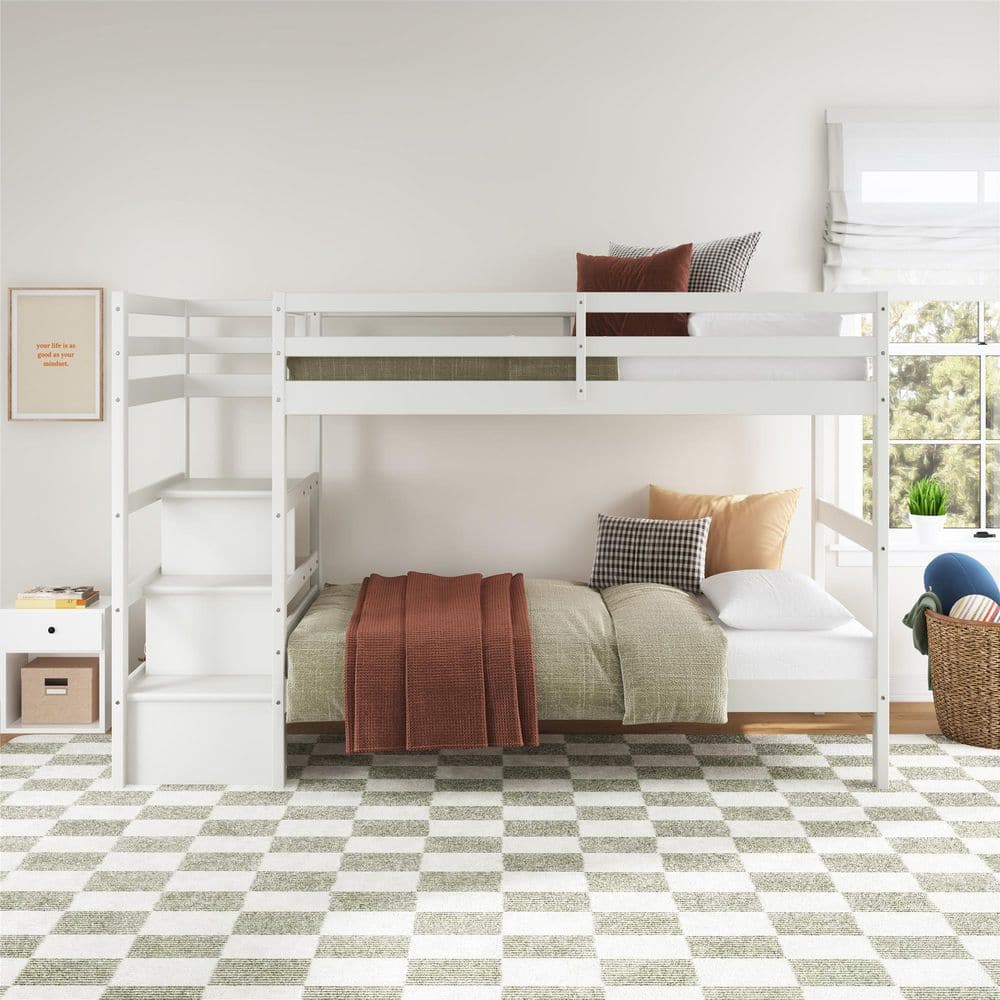 White Twin Over Twin Pine Wood Bunk Bed with Stairs and Shelves