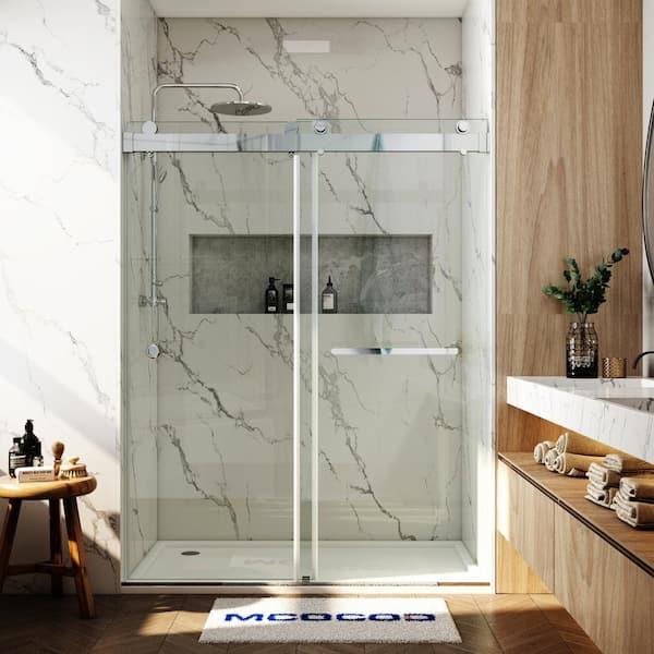 MCOCOD 61-66.75 in. W x 76 in. H Double Sliding Frameless Soft Close Shower Door in Chrome with 3/8 in. Clear Glass