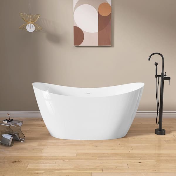 NTQ 59 in. x 29.5 in. Free Standing Deep Soaking Double Slipper Alone Bath Tub Oval Acrylic Freestanding Bathtub in White