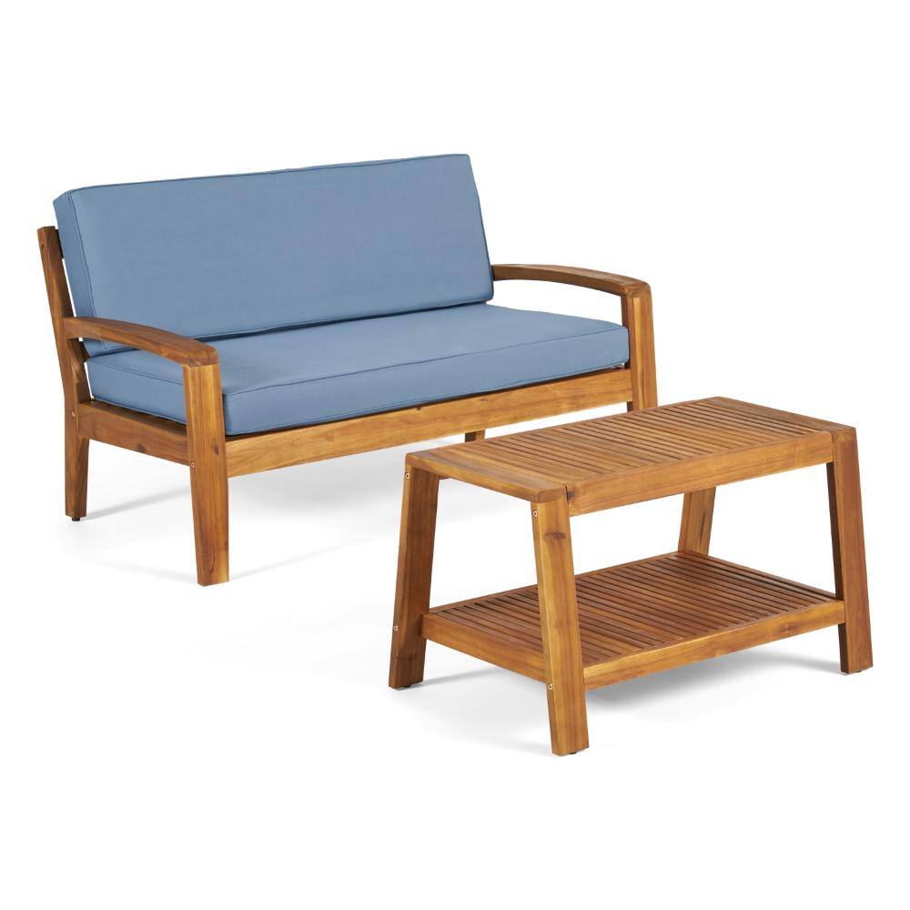 2-Piece Acacia Wood Outdoor Conversation Set Loveseat & Coffee Table with Blue Water-Resistant Cushions Teak price history on PriceWatchPro