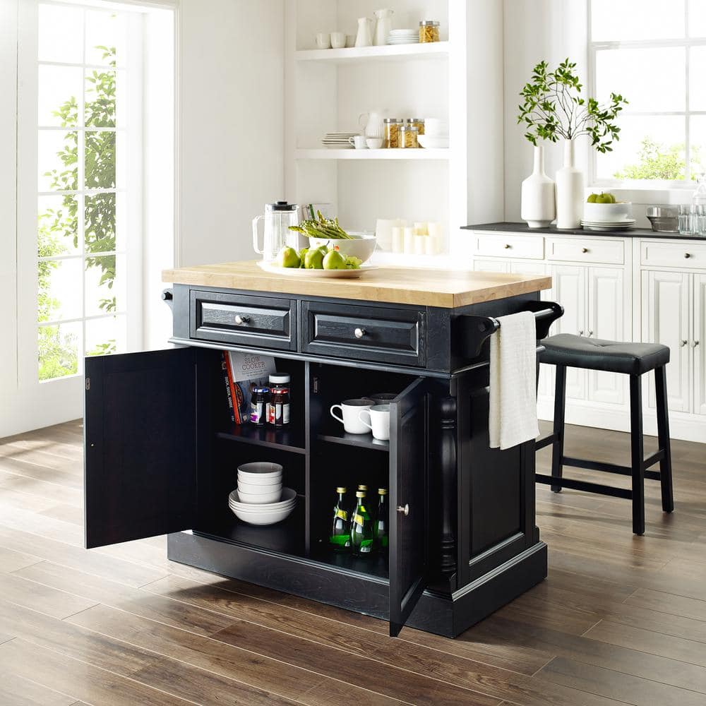 Oxford 30" Black Wood Kitchen Island with Saddle Stools