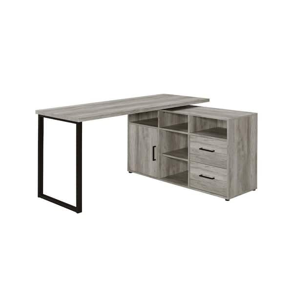 Benjara Luz 59 in. L-Shape Gray Driftwood 2-Drawer Writing Desk with 5-Compartments