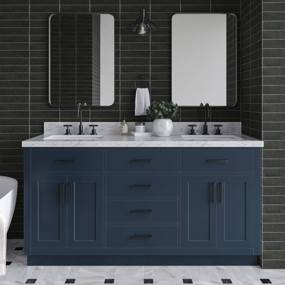 Hepburn 66 in. Double Sink Freestanding Bath Vanity in Midnight Blue with Carrara White Marble Top & Sidesplash price history on PriceWatchPro