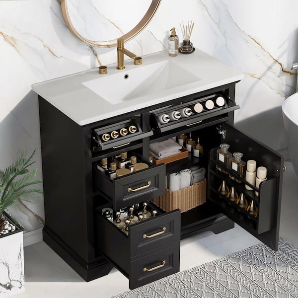 36 in. W Single Sink Freestanding Black Bath Vanity with White Ceramic Top and 4 Drawers, Unassembled