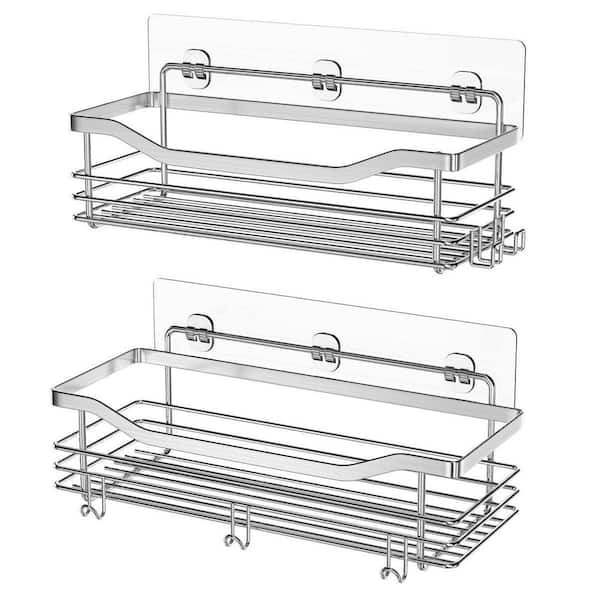 Dracelo 10.63 in.W x 7.9 in.D x 2 in.H Corner Silver Stainless Steel with Hooks Wall Mounted Bathroom Shelf No Drilling 2 Pack