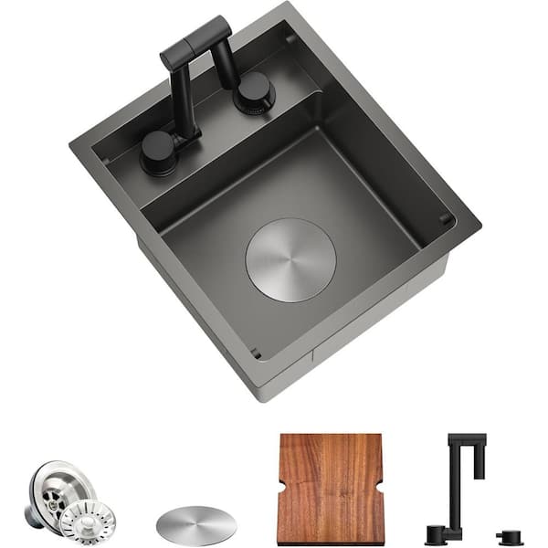 Stainless Steel Kitchen Sink 13 x 15 x 7 Undermount Bar Sink 16-Gauge Single Bowl with Foldable Board, Dark Gray