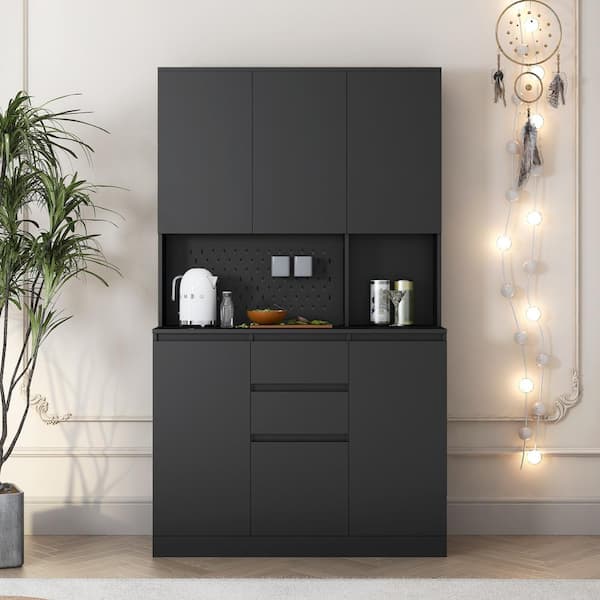 Unbranded Black 74 in. Large Wood Pantry Organizer with Roll-Out 2-Drawer and Storage Shelves Freestanding Cupboard Buffet Cabinet