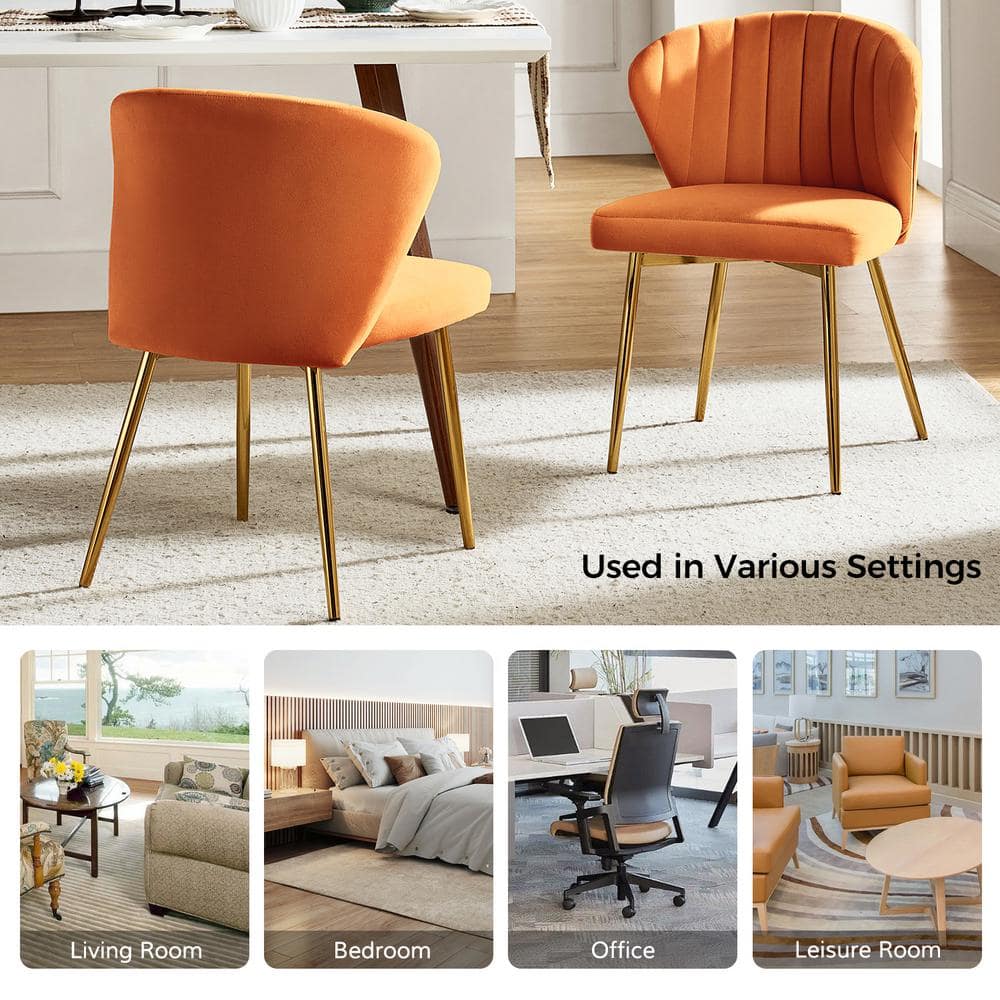 Elegant Orange Velvet Upholstered Side Chair with Gold Metal Legs