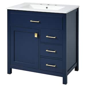 30 in. W Freestanding Bath Vanity in Blue with White Ceramic Top and Ample Storage