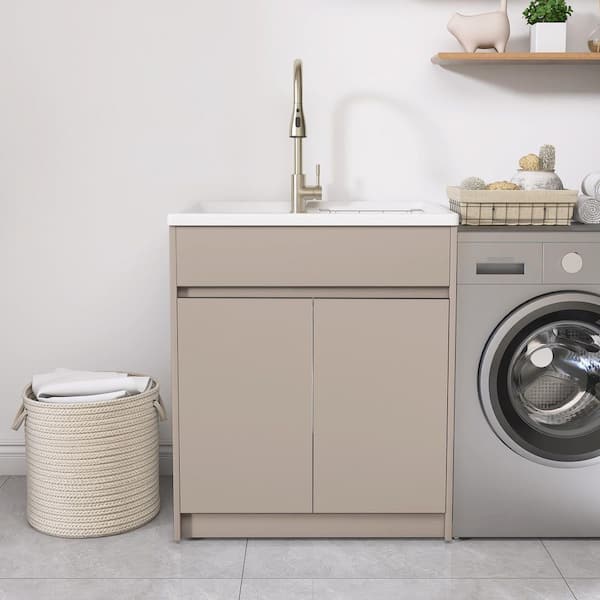 30 in. x 22 in. x 36 in. Freestanding Laundry Sink with Cabinet Combo Drop-in White Utility Sink and Cabinet in Beige