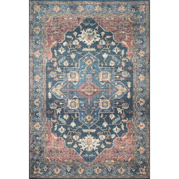 LOLOI II Skye Denim/Brick 2 ft. 6 in. x 7 ft. 6 in. Printed Boho Vintage Runner Rug