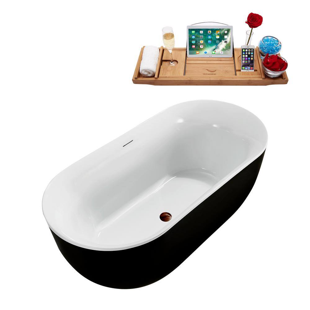 59'' Glossy Black Acrylic Freestanding Bathtub with Bamboo Tray