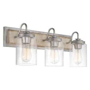 Greyson 22 in. 3-Lights Galvanized Steel with White Ash Wood Style Farmhouse Bathroom Vanity Light