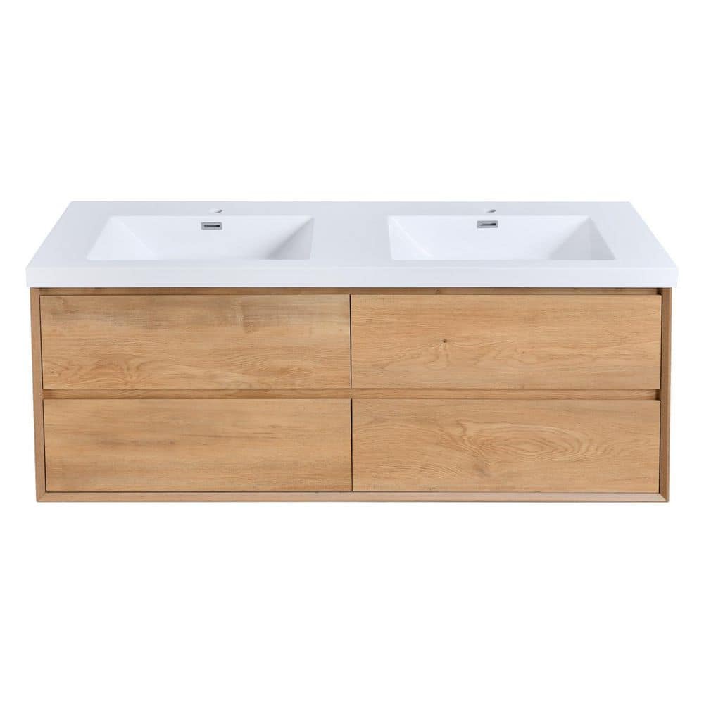 MinimalGrace 60 in. Double Sink Floating Oak Bath Vanity with White Resin Top