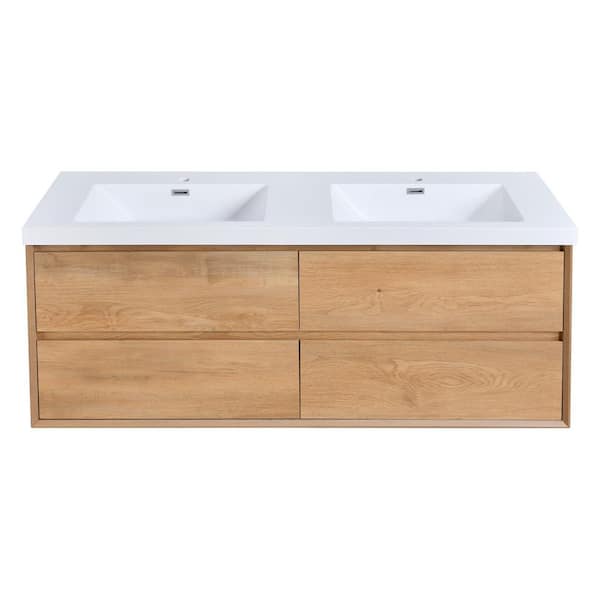 MinimalGrace 60 in. Double Sink Floating Oak Bath Vanity with White Resin Top