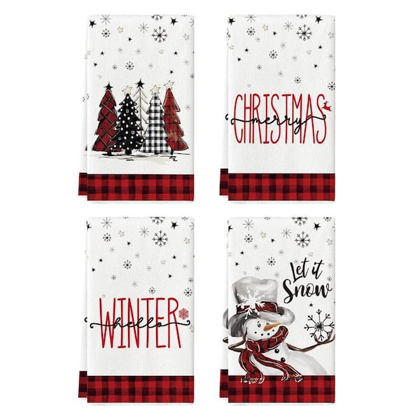 Red and Black Buffalo Plaid Snowman Christmas Kitchen Towels, Soft Absorbent Dish Towels for Winter Decor (Set of 4)