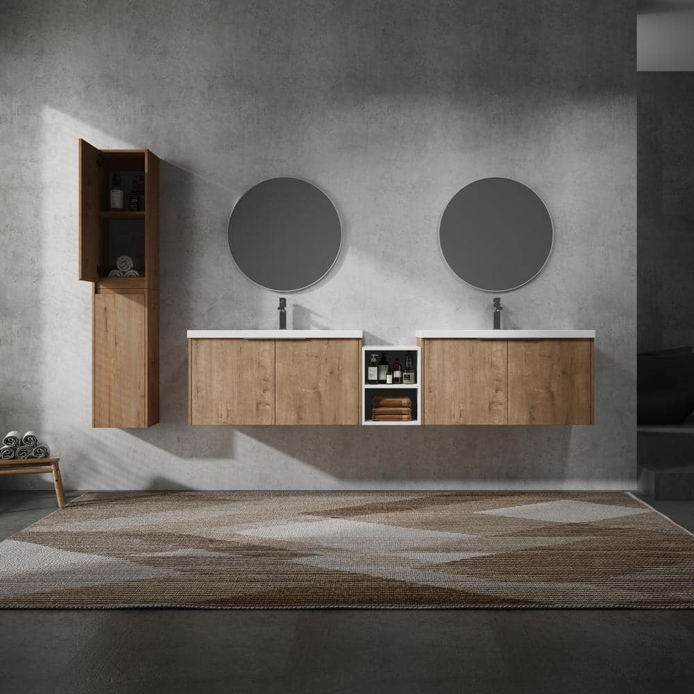 84 in. W  Wall-Mounted Bath Vanity in Imitative Oak with White Resin Top, D