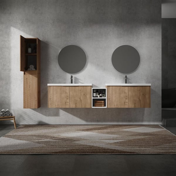  84 in. W  Wall-Mounted Bath Vanity in Imitative Oak with White Resin Top, Double Sink, Soft Close Doors